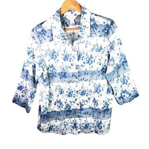 Christopher & Banks Blouse Women L Blue White Floral Cotton Cottagecore Feminine